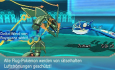 In Pokémon Omega Rubin und Pokémon Alpha Saphir kann Rayquaza eine Mega-Entwicklung durchführen